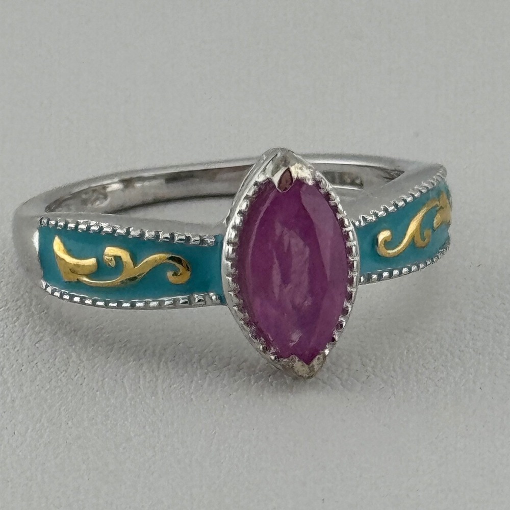 D'Joy Sterling Silver Pink Marquise Stone Enamel Ring Size 8